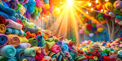 Fototapeta premium A vibrant display of colorful rolled fabric textiles in a market setting, with a sunburst shining down on the scene.