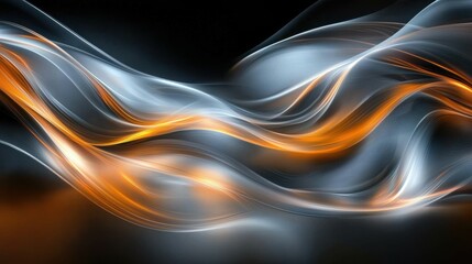 Dynamic abstract background featuring swirling orange and silver waves with a dark backdrop, creating a sense of movement and depth