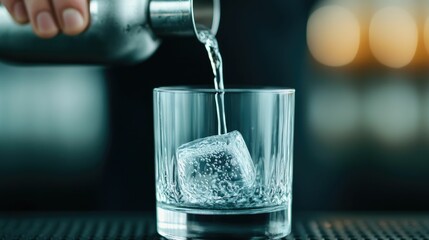 Bartender expertly pouring a perfectly mixed cocktail from a metal cocktail shaker into a chilled glassware with deep depth of field blurry background capturing the art of mixology and bartending