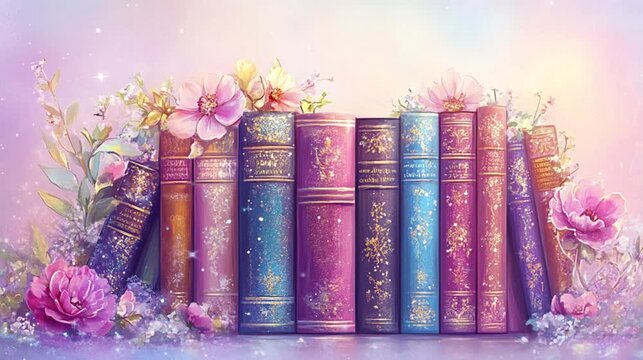 A stack of books with glittering spines and pastel colorful book cover. International book day. copy space. Video footage.