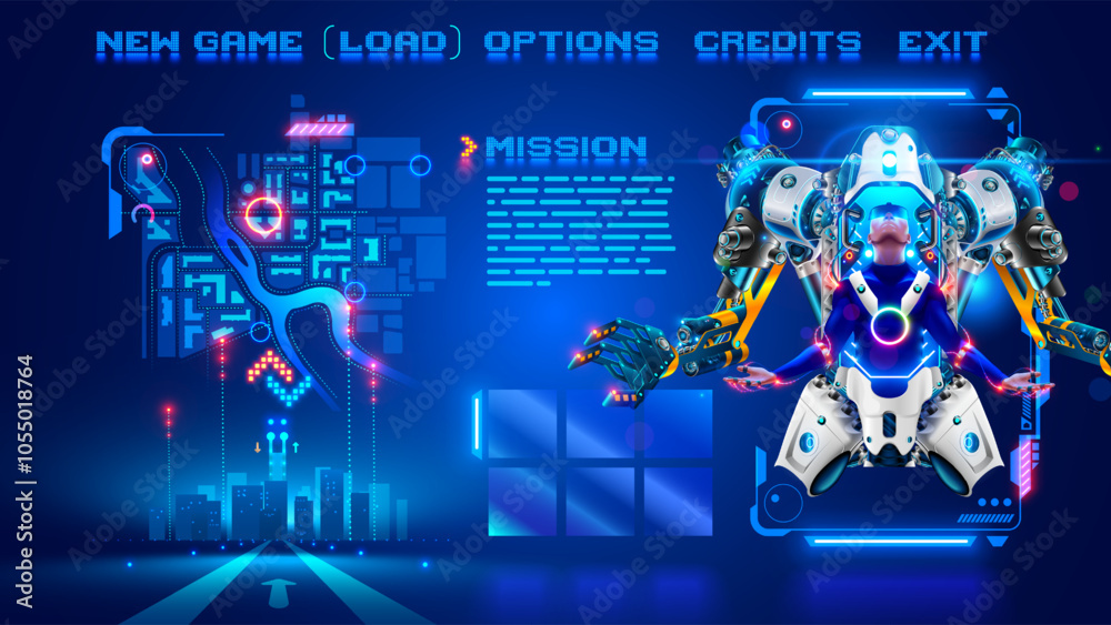 Fototapete character cyborg in an abstract computer video game in menu frame, interface with buttons game menu.