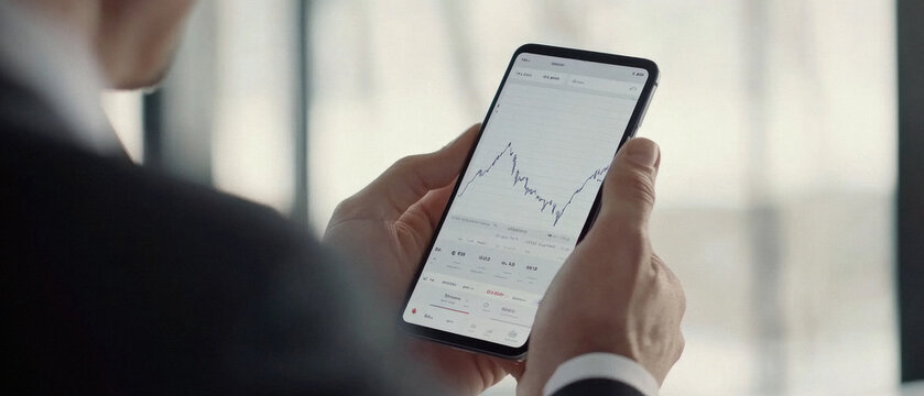 A man is holding a cell phone and looking at a graph. The man is dressed in a suit and tie