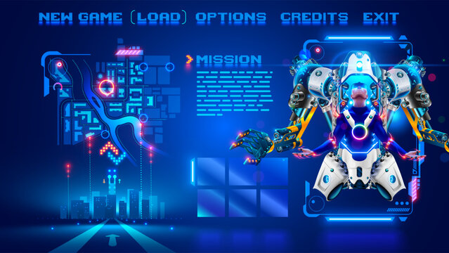 Character Cyborg in an abstract computer video game in menu frame, interface with buttons game menu. Interface computer video game about robotics battle. Screenshot of a video game. Pixels text menu.
