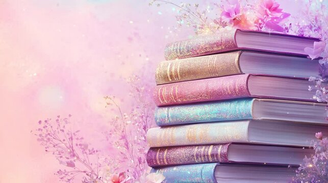 A stack of books with glittering spines and pastel colorful book cover. International book day. copy space. Video footage.