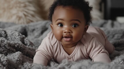 An adorable baby girl enjoys tummy time on a plush grey blanket, bathed in soft natural light