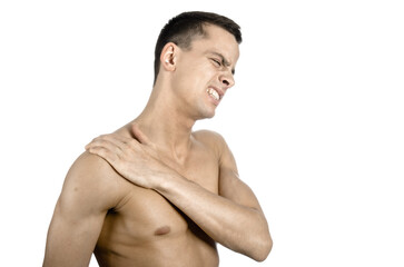 Fototapeta premium Young attractive man posing in studio. Pain and health problems.