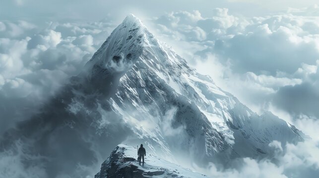 Solitary Figure on Majestic Snowy Mountain Peak