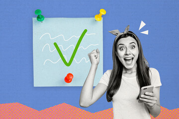 Composite creative art collage of excited girl hold phone receive checkmark notification sticker...