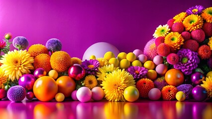 Obraz premium Colorful Easter eggs and flowers on a purple background.