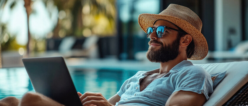 A man wearing a straw hat and sunglasses is sitting in a pool with a laptop. He is smiling and he is enjoying his time