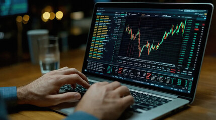 A person is typing on a laptop computer with a stock market graph displayed on the screen. The person appears to be focused on the screen and typing quickly. Scene is intense and focused