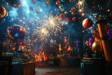 Obraz premium Vibrant party scene with fireworks and colorful balloons