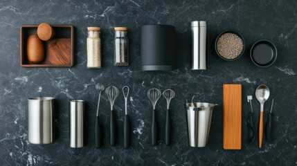A collection of cocktail mixing tools and equipment laid out on a professional bartending station ready for use with a deep depth of field effect creating a focused and minimalist aesthetic