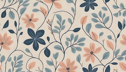 Obraz premium floral design with a light background showcases peach and navy blooms amongst a vine and leaf pattern 