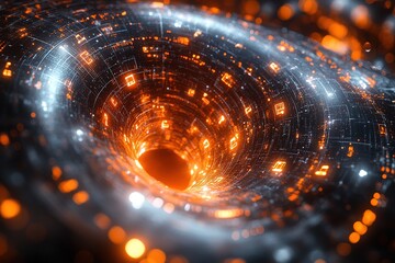 Abstract digital vortex with glowing orange numbers.