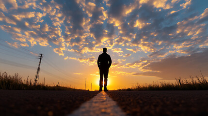 Silhouette of a person standing on a road during a vibrant sunset with clouds.