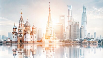 Fototapeta premium Traditional architecture and modern skyscrapers reflected in water against a hazy sunrise.