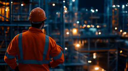 Fototapeta premium Worker in safety gear observes construction site at night, illuminated by lights.