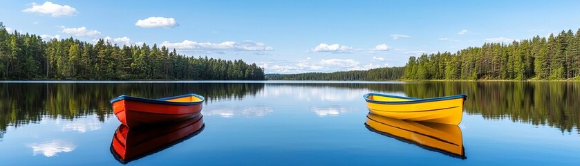 Obraz premium Two vibrant canoes, one red and one yellow, anchored on a serene lake surrounded by lush green forests under a clear blue sky.