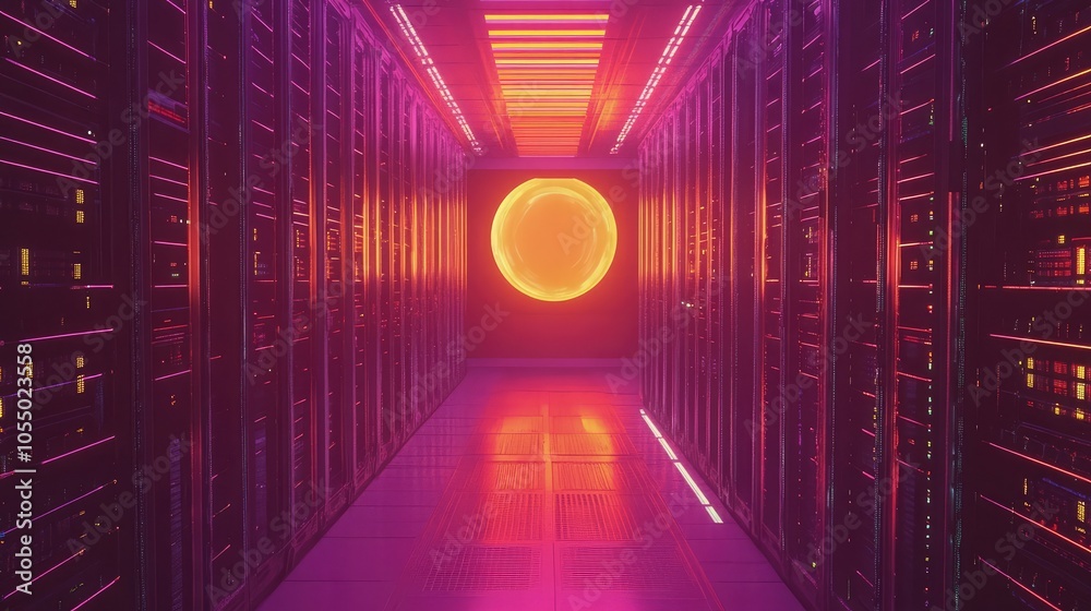 Poster modern data center with rows of servers and a holographic interface