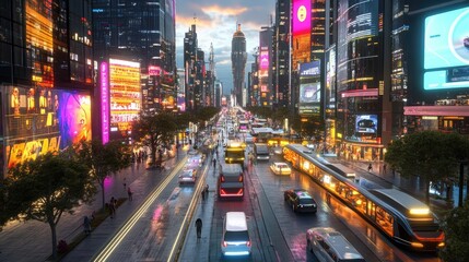 Obraz premium Modern city powered by artificial intelligence with autonomous vehicles and digital signage