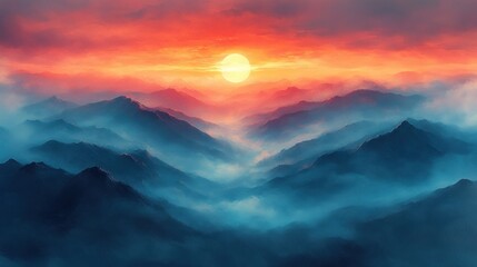 Obraz premium A Sun Setting Behind a Range of Foggy Blue Mountains