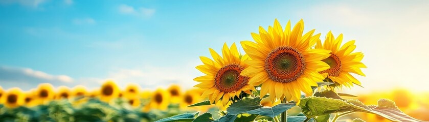 Vibrant sunflowers basking under the sun, creating a picturesque scene in a blooming field. Perfect for nature and summer themes.