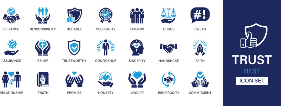 Trust best solid icon set collection. Reliance, responsibility, reliable, credibility, friends, ethics, assurance, belief, confidence, faith, handshake and vector illustration.