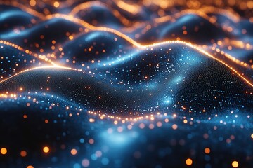 Abstract digital wave with glowing particles in blue and orange hues.