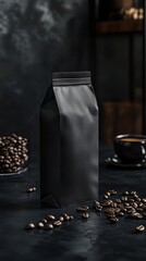 A premium coffee bag sits elegantly on a dark surface with scattered coffee beans around it