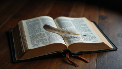 Obraz premium Vintage Hardcover Book with Delicate White Feather on Wooden Surface – Symbol of Wisdom, Tranquility, and Inspiration