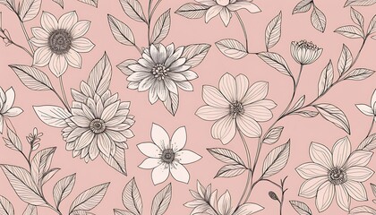 Floral pattern for stock photo consideration. Hand-drawn white flowers with sketched leaves