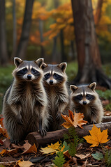 Illustration of a group of raccoons in a forest clearing, all looking forward with mischievous expressions, surrounded by autumn leaves and tree stumps.