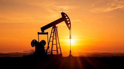 Silhouette of an oil pump jack against a vibrant sunset sky, representing energy extraction and oil production in the field.