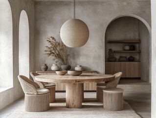 Obraz premium Round wooden table with low chairs, simple pendant lighting, and neutral-colored walls