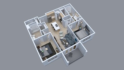 3D Floor plan of a house top view 3D illustration. Open concept living apartment layout