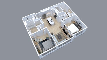 3D Floor plan of a house top view 3D illustration. Open concept living apartment layout