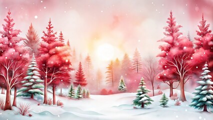 Red winter forest at sunrise, watercolor winter landscape with snow..