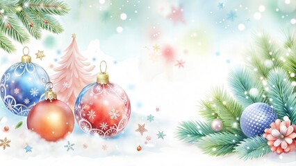 Fototapeta premium Watercolor Christmas lights and pine branches, festive winter background with copy space..