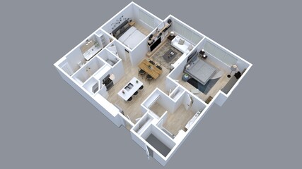 3D Floor plan of a house top view 3D illustration. Open concept living apartment layout