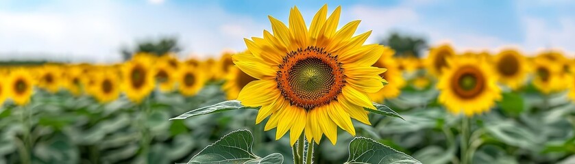Obraz premium Sunflower field in full bloom under a bright blue sky, capturing the joy of nature with vibrant colors and balanced composition