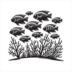Naklejka premium Underwater Scene ClipArt Design - Coral Reef Vector illustration in black and white 
