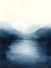 Fototapeta premium A serene landscape depicting a misty river surrounded by soft blue mountains. The tranquil water reflects the gentle hues of the sky, creating a calming atmosphere.