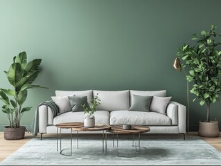 Sage walls paired with minimalistic light gray furniture and subtle metallic accents for a fresh, modern aesthetic