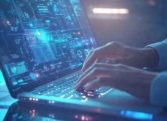 A businessman working on a laptop with financial data and graphs a hologram floating above the keyboard Close-up of hands typing quickly against a blue background A digital screen shows growth charts