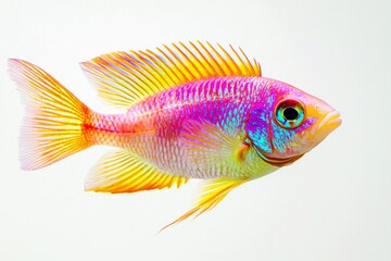 Fototapeta premium A vibrant, colorful fish outlined in bold neon colors, swimming alone on a stark white background. 