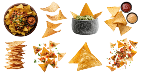 Tortilla corn nacho Chips, many angles and view side top front heap packet pile bowl salsa guacamole beef cheese dip on transparent background cutout, PNG file. Mockup template for artwork design