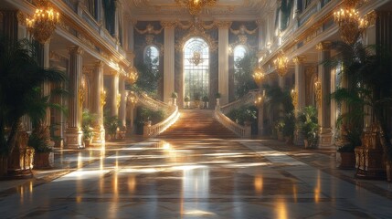 Luxurious grand hall with elegant staircase and natural light.