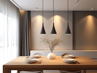Simple dining room design with a slim wooden table and minimalist pendant lights