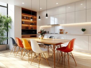 Simple dining room design with a wooden table and colorful plastic chairs
